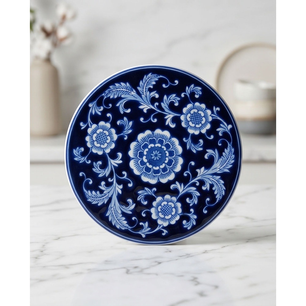 Pier 1 Blue White Ceramic Trivet Hot Plate Chinoiserie 8 Inch Round Discontinued